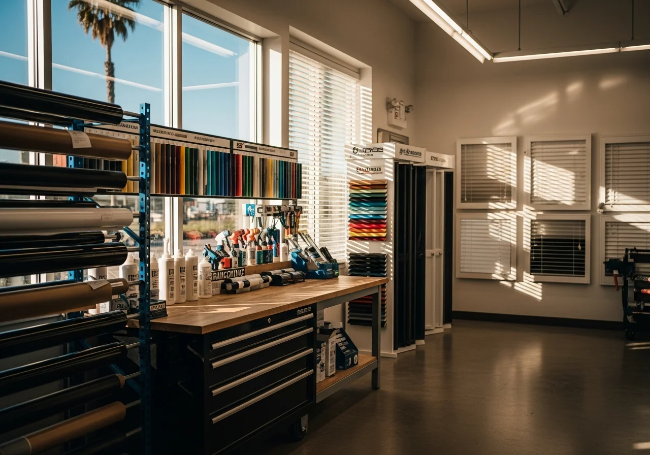 Professional window tinting shop interior with installation tools, film samples, and display of window coverings including blinds and shutters.