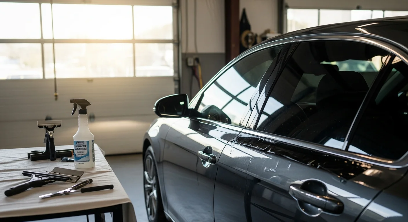 Professional automotive window tinting application on a vehicle