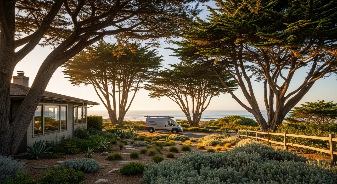 Coastal Monterey County property with cypress trees and ocean views in the background, showing well-maintained grounds near Carmel-by-the-Sea.