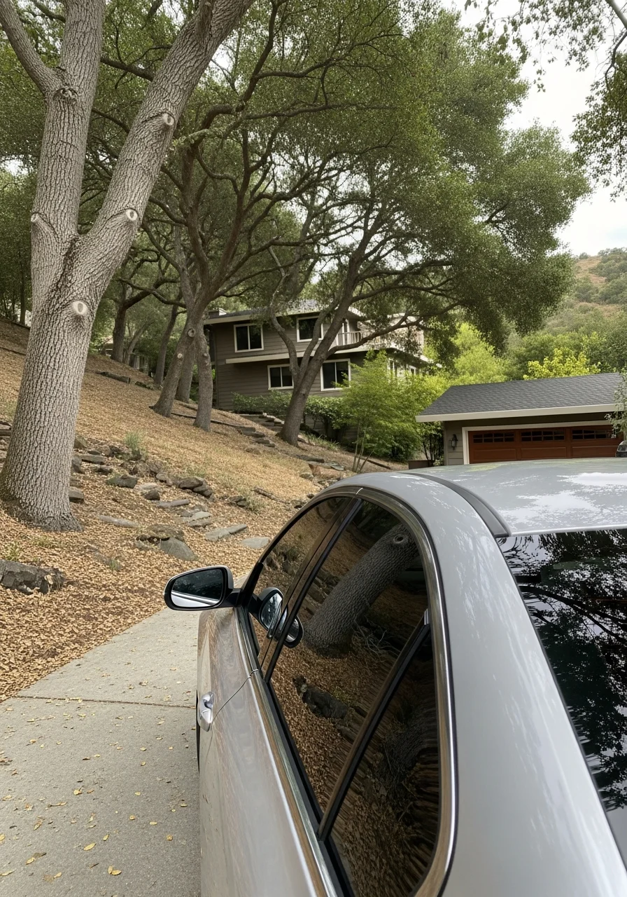 Foothill estate in Los Gatos with mature trees and sloped terrain, representing Santa Clara County's mountain and rural properties.
