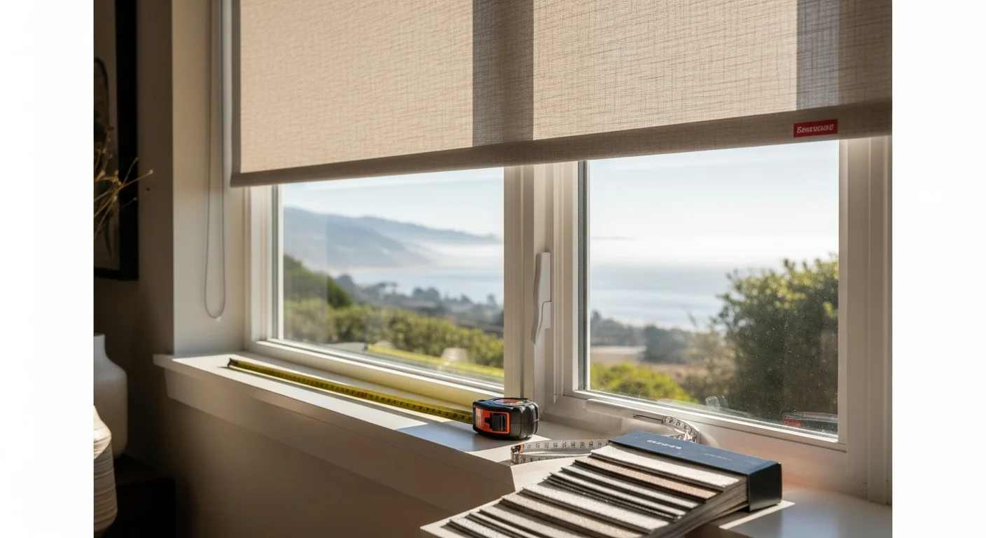 Custom fitted cellular shades installed on large windows inside a coastal Monterey County home, filtering bright morning light while maintaining a clear view of the surrounding landscape. A Peninsula Tint And Window Coverings installation showing clean hardware and a precise fit across multiple window panels.