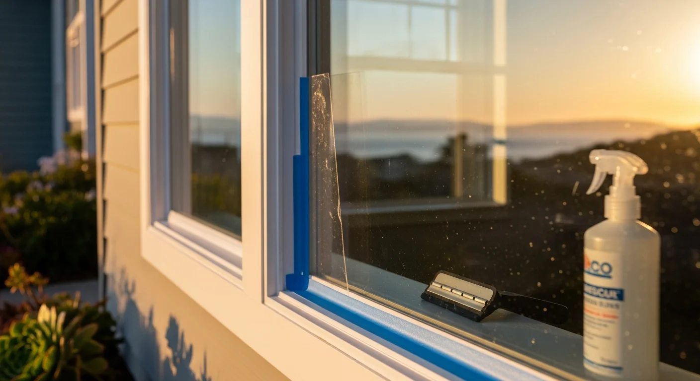 Energy efficient window film applied to large sun-facing windows in a Monterey County home, showing clear interior views with reduced glare and solar heat. A Peninsula Tint And Window Coverings technician smooths film onto residential glass in a coastal California setting.