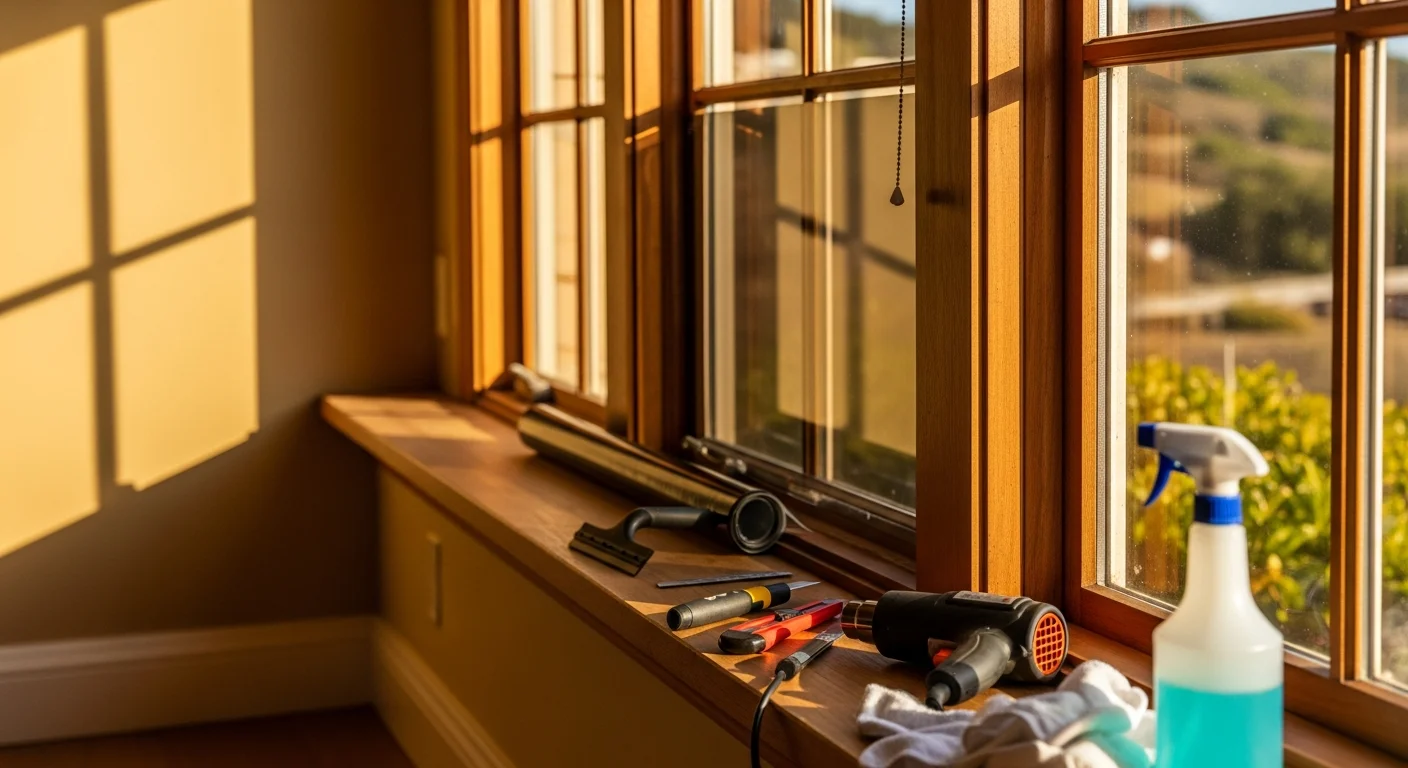 Interior view of a sun-filled living room in a Monterey County home with heat control window film applied to large west-facing windows, showing clear glass with reduced glare and no visible tint distortion. Natural light fills the room while the coastal landscape outside remains visible through the treated glass.