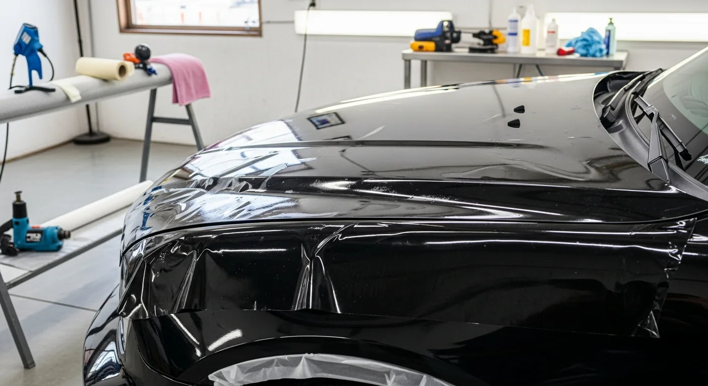 A dark-colored sedan parked near the Monterey County coastline with freshly installed clear paint protection film visible on the hood and front bumper. The film surface reflects afternoon sunlight while showing no visible seams along the panel edges.