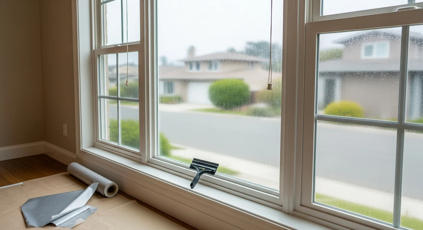 Frosted privacy window film applied to a large street-facing window in a Monterey County coastal home. The interior remains bright while the glass blocks direct sightlines from outside.