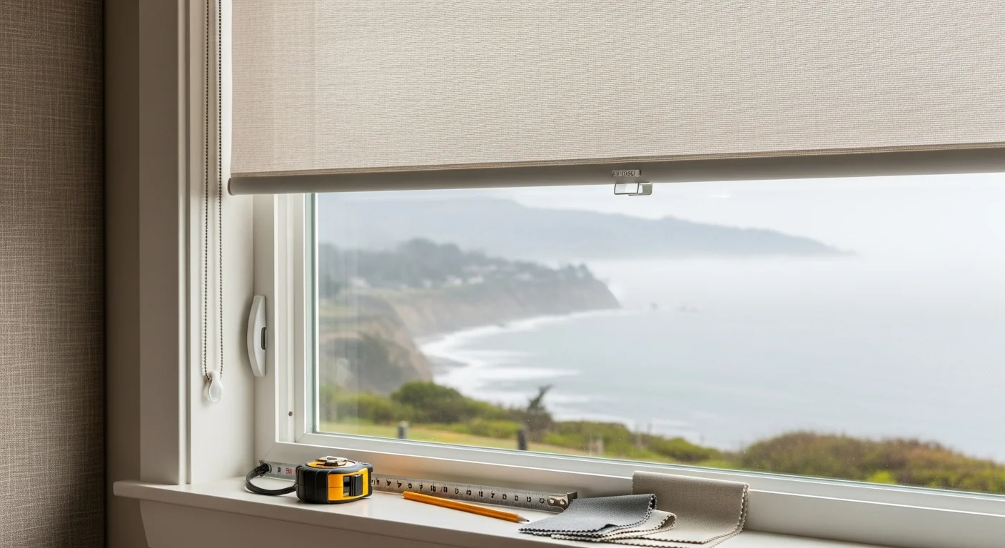 Custom roller shade installed on a sun-facing window in a Monterey County home, with the shade partially lowered to filter afternoon coastal light. The window frame is clean and the shade fabric sits flat against the wall with no visible gaps.