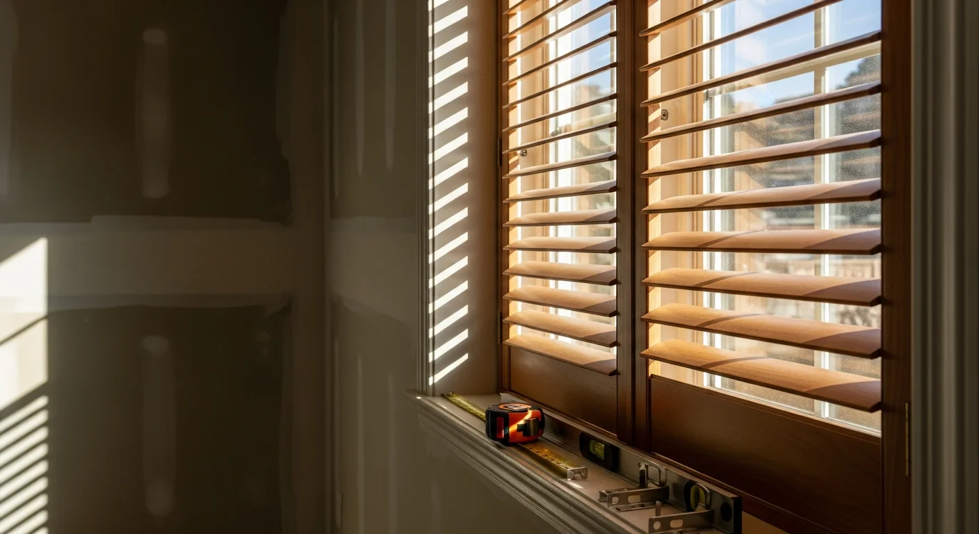 Newly installed custom shutters on a residential window in Monterey County, California, with louvers angled to filter afternoon coastal sunlight into a living room. The shutters fit flush within the window frame, showing clean panel alignment and a finished interior edge.