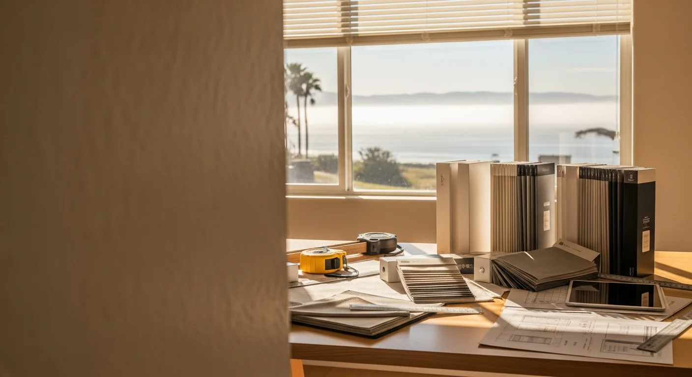 A Peninsula Tint And Window Coverings consultant reviewing window dimensions and light exposure in a Monterey County home interior. Coastal afternoon light filters through the windows during the on-site assessment.