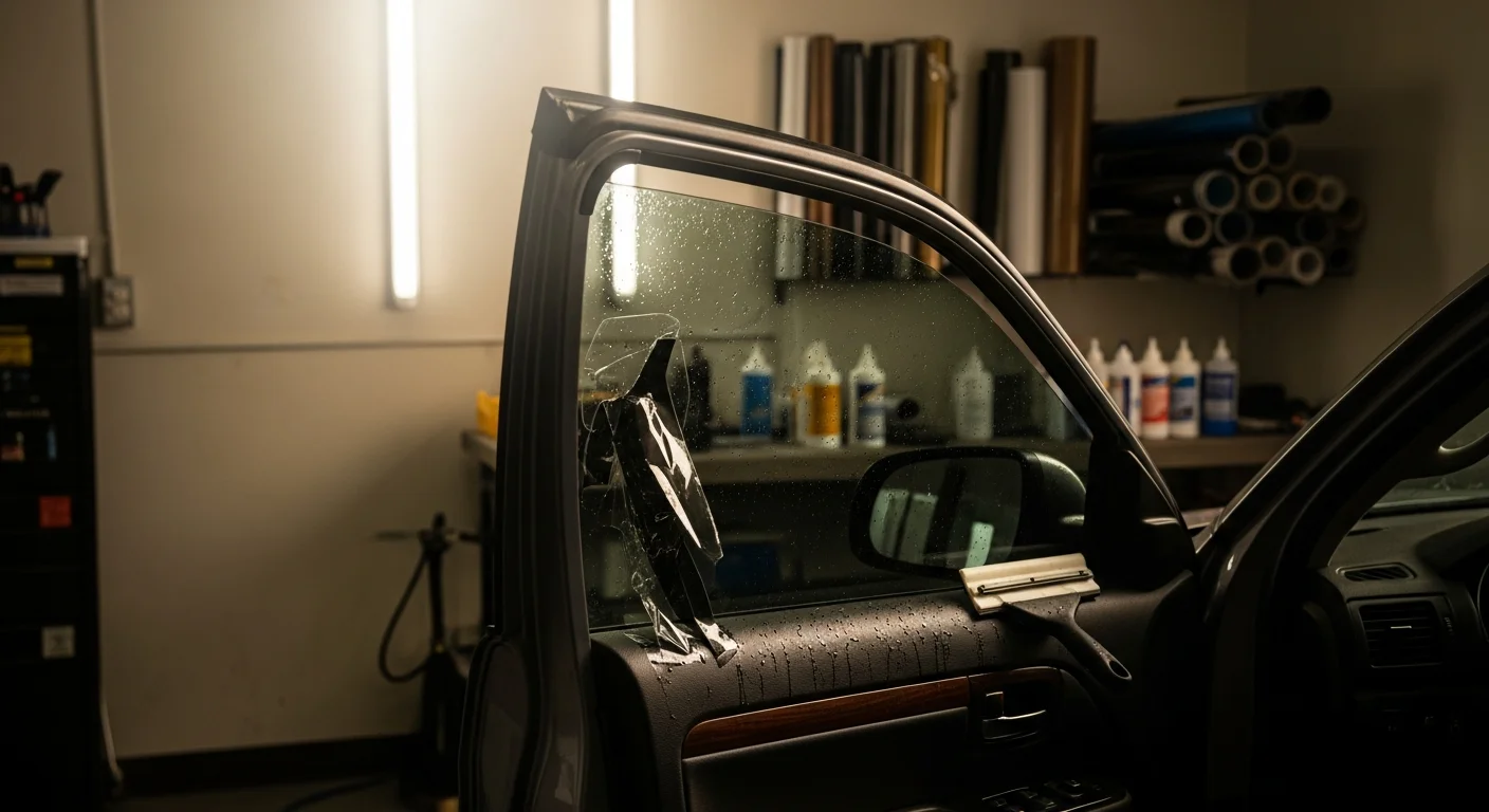 A dark-tinted rear window on a silver SUV parked in Monterey County, California, showing clean film edges and uniform coverage. The front side windows display a lighter, legally compliant tint applied by Peninsula Tint And Window Coverings.