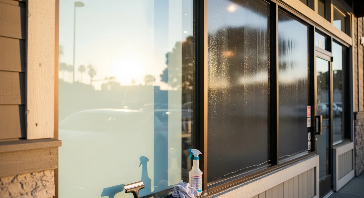 Commercial window film applied to a large glass storefront on a Monterey County business building. The exterior glass shows a uniform tinted finish with clear visibility from inside the workspace.