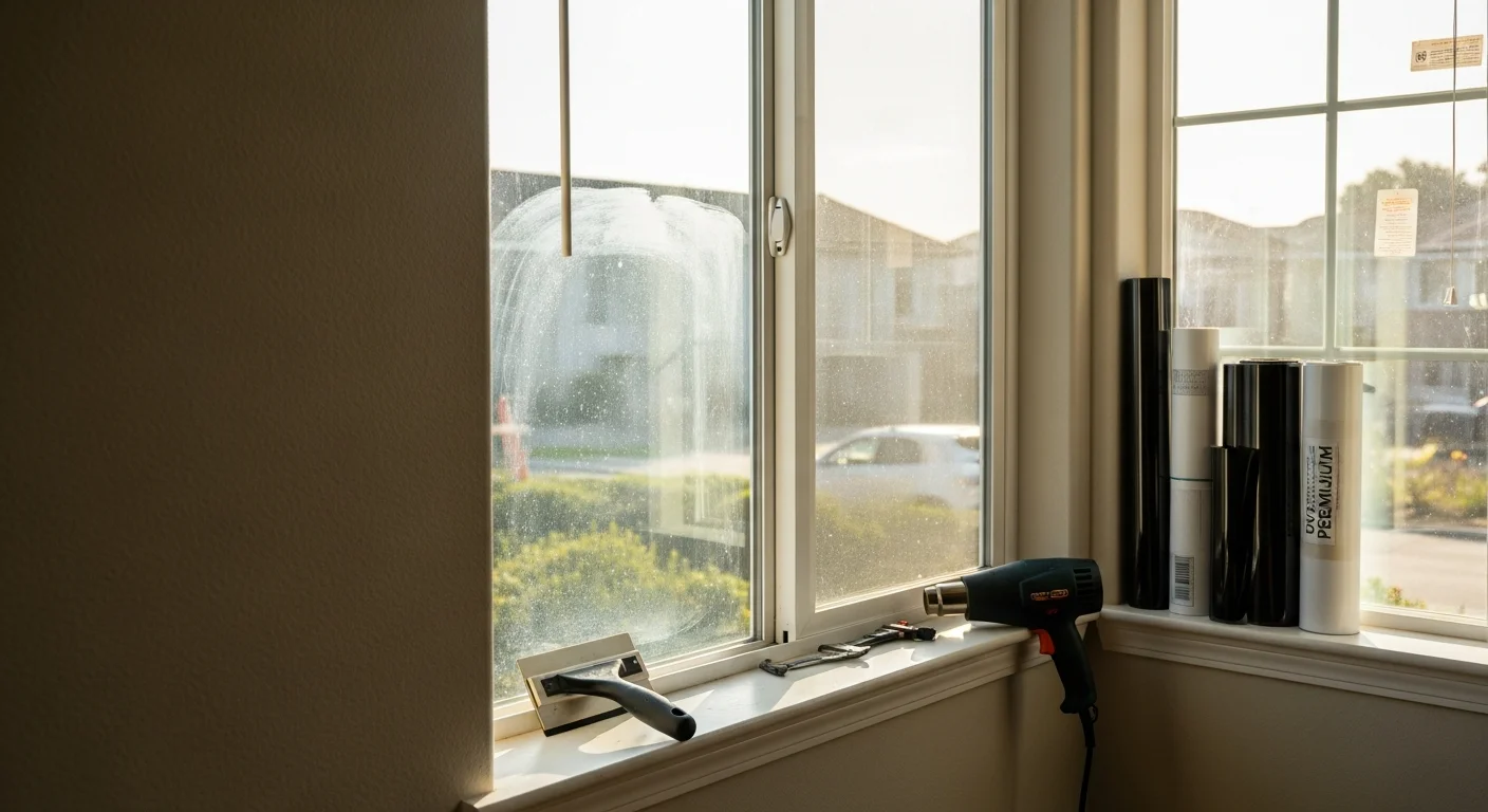 Residential window film applied to large glass windows in a Monterey County home, showing a clear interior view with reduced glare and visible coastal light. A living room interior with tinted windows facing a sunlit outdoor area, with furniture and flooring protected from direct UV exposure.